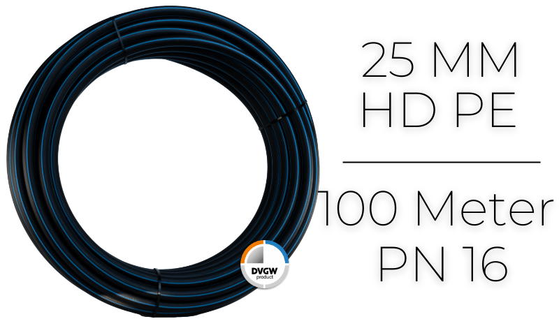 PE HD Rohr - 100 Meter - DIN 8074/75 (hart) - DVGW PE Verschraubungen D 25mm x 2,3mm Wandstärke