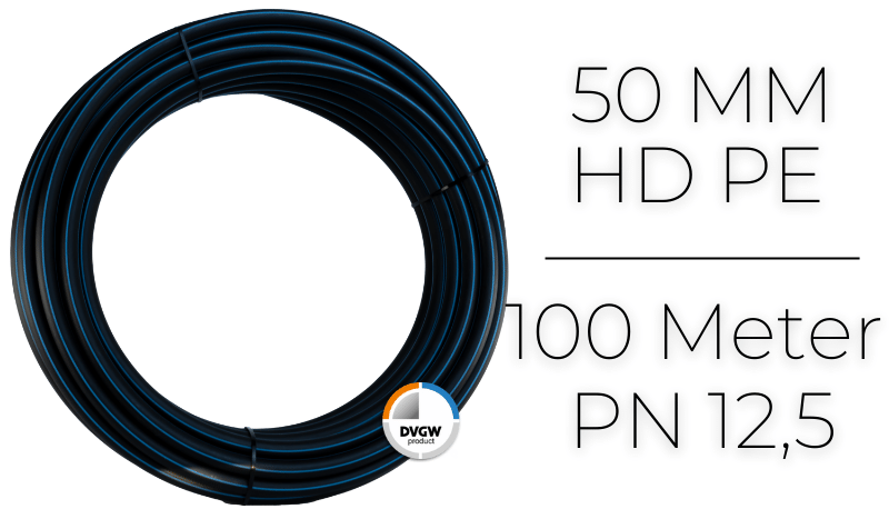 PE HD Rohr - 100 Meter - DIN 8074/75 (hart) - DVGW PE Verschraubungen D 50mm x 4,6mm Wandstärke