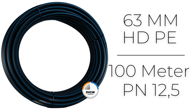 PE HD Rohr - 100 Meter - DIN 8074/75 (hart) - DVGW PE Verschraubungen D 63mm x 5,8mm Wandstärke