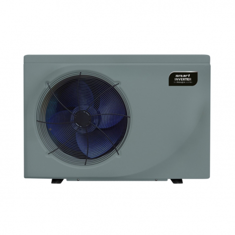 Frontansicht einer grauen Smart Full Inverter Plus Wärmepumpe mit Steuerungspanel und Markenlogo.