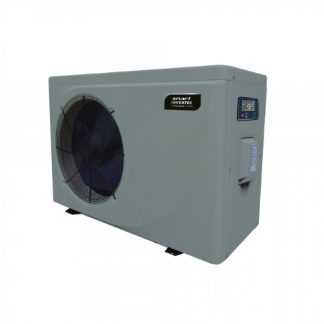 Seitenansicht einer grauen Smart Full Inverter Plus Wärmepumpe mit Steuerungspanel und Markenlogo.